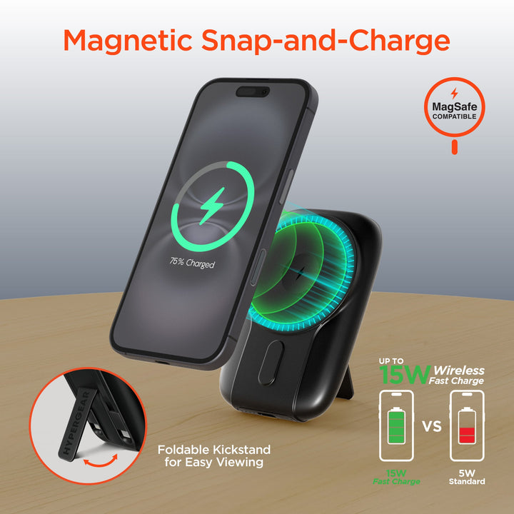 5,000mAh | Mag Grip Go Magnetic Wireless Fast Charge Power Bank with Built - In Cables | Black - US Stores