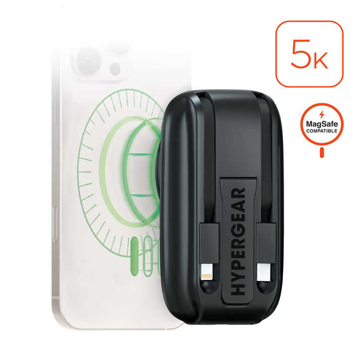 5,000mAh | Mag Grip Go Magnetic Wireless Fast Charge Power Bank with Built - In Cables | Black - US Stores