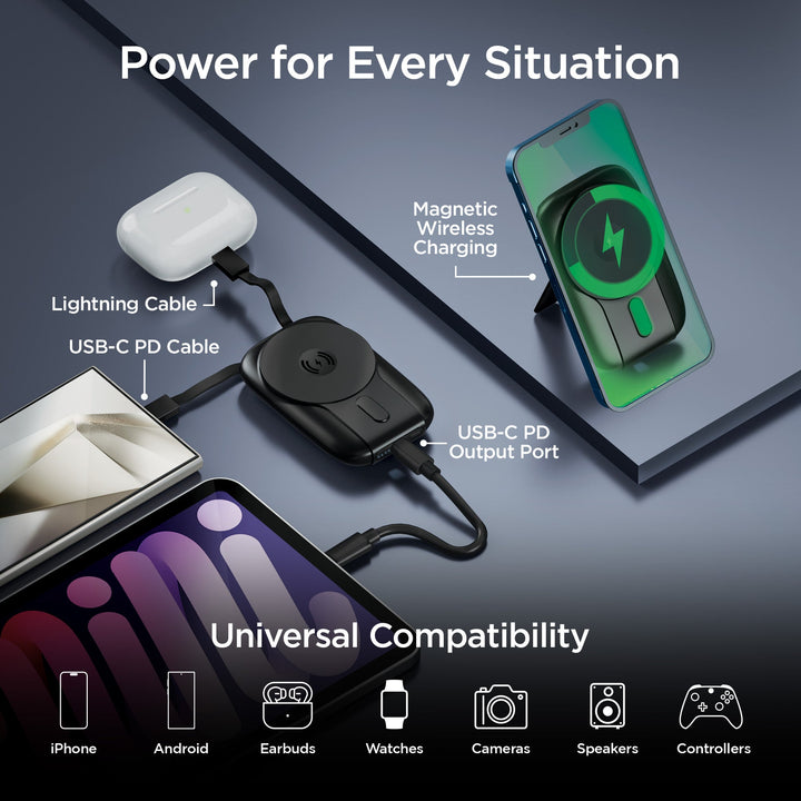 5,000mAh | Mag Grip Go Magnetic Wireless Fast Charge Power Bank with Built - In Cables | Black - US Stores
