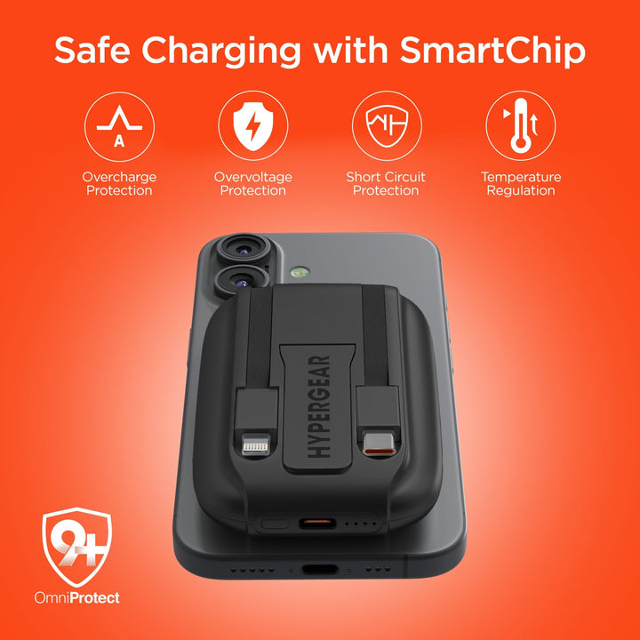 5,000mAh | Mag Grip Go Magnetic Wireless Fast Charge Power Bank with Built - In Cables | Black - US Stores