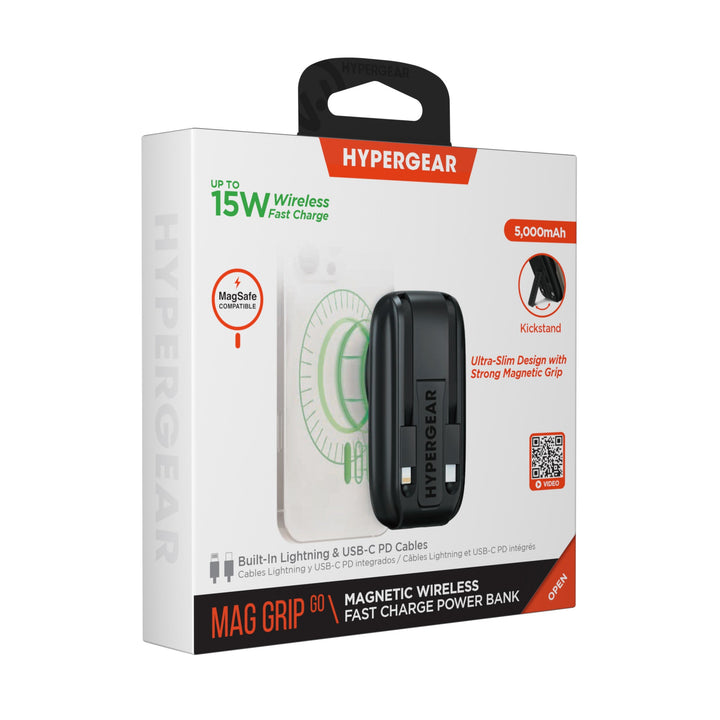 5,000mAh | Mag Grip Go Magnetic Wireless Fast Charge Power Bank with Built - In Cables | Black - US Stores