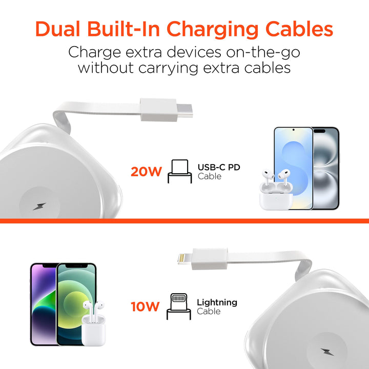 5,000mAh | Mag Grip Go Magnetic Wireless Fast Charge Power Bank with Built - In Cables | White - US Stores