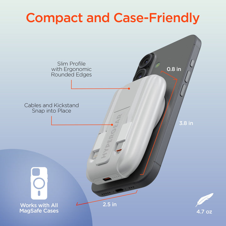 5,000mAh | Mag Grip Go Magnetic Wireless Fast Charge Power Bank with Built - In Cables | White - US Stores