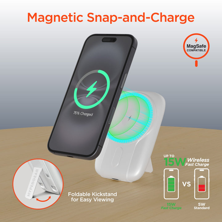 5,000mAh | Mag Grip Go Magnetic Wireless Fast Charge Power Bank with Built - In Cables | White - US Stores