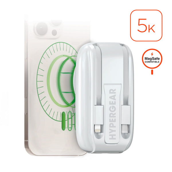 5,000mAh | Mag Grip Go Magnetic Wireless Fast Charge Power Bank with Built - In Cables | White - US Stores