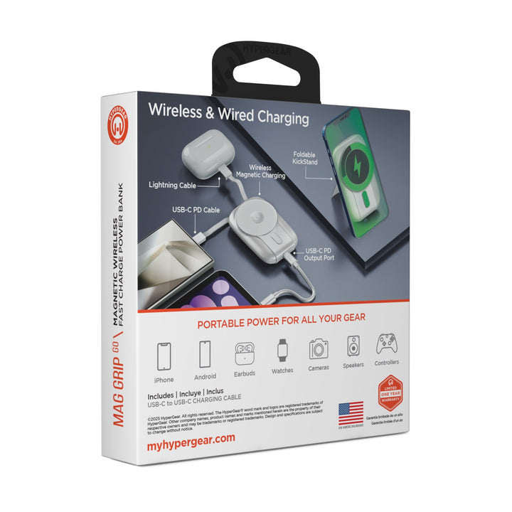 5,000mAh | Mag Grip Go Magnetic Wireless Fast Charge Power Bank with Built - In Cables | White - US Stores