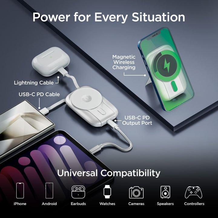 5,000mAh | Mag Grip Go Magnetic Wireless Fast Charge Power Bank with Built - In Cables | White - US Stores