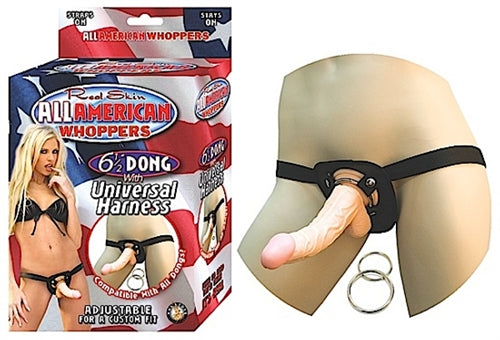 All American Whoppers 6.5-Inch- Dong With Universal Harness- Flesh