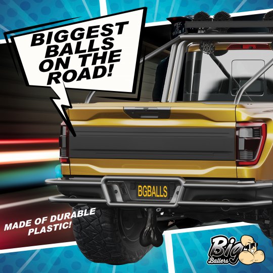 Side view of black truck nuts hitch accessory, durable plastic for cars and trucks.