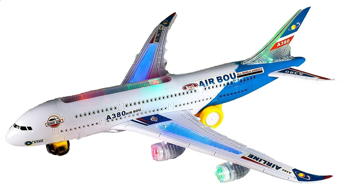 Blue toy airplane with flashing lights and sound, battery operated bump and go kids toy