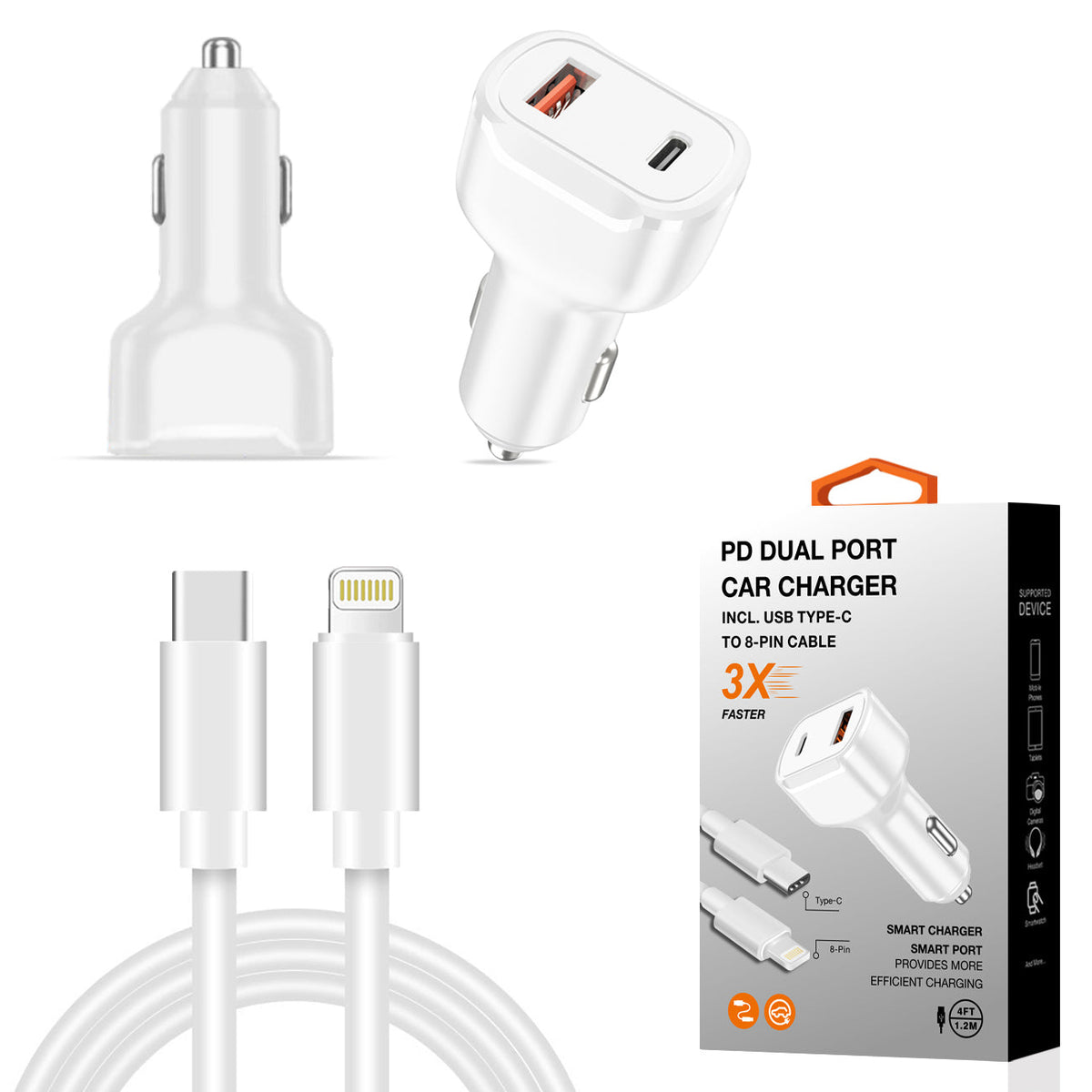 Reiko 36W Dual-Port PD Car Charger with 4 ft USB-C to 8-Pin Cable – White
