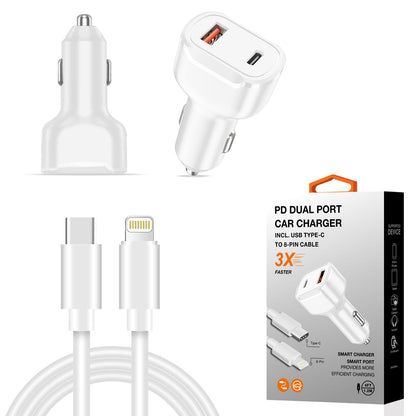 Reiko 36W Dual-Port PD Car Charger with 4 ft USB-C to 8-Pin Cable – White