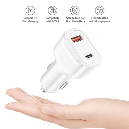Reiko 36W Dual-Port PD Car Charger with 4 ft USB-C to 8-Pin Cable – White