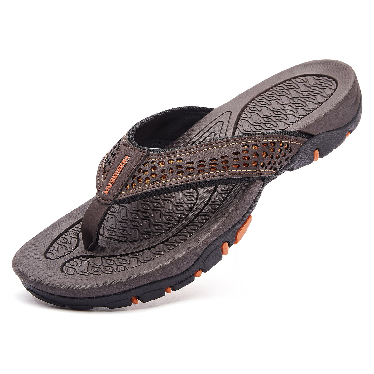 Men’s brown and orange thong flip flops for beach and casual wear