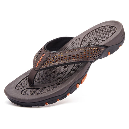 Men’s brown and orange thong flip flops for beach and casual wear