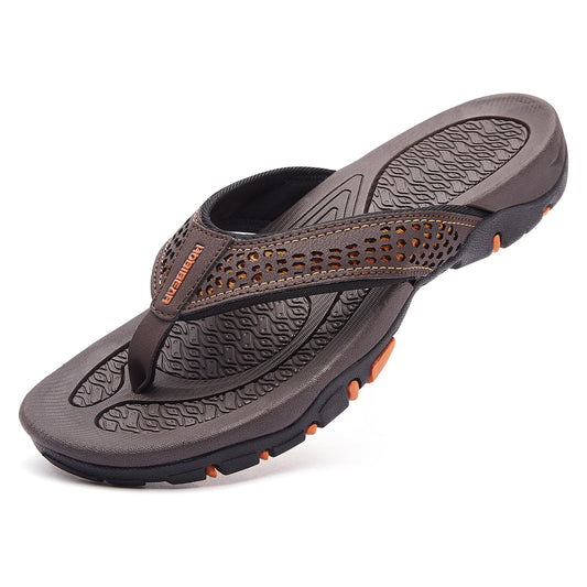 Men’s brown and orange thong flip flops for beach and casual wear