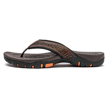 Brown and orange men’s flip flops showing the thong style design