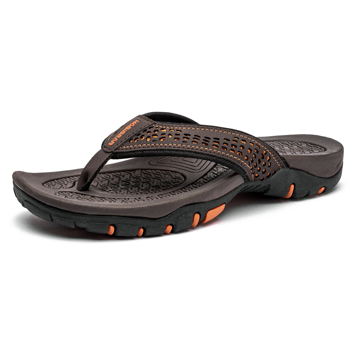 Men’s brown and orange sandals designed for indoor and outdoor use