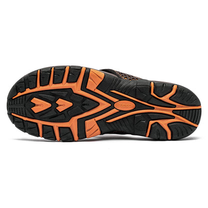 Close view of brown and orange thong flip flops for men