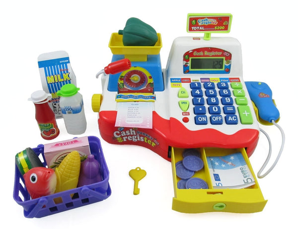 Supermarket Cash Register With Checkout Scanner, Weight Scale, Microphone, Calculator, Play Money And Food Shopping Playset For Kids
