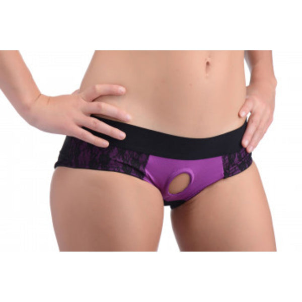Lace Envy Crotchless Panty Harness - S/ M Black and Purple