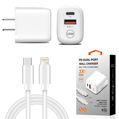 Reiko 20W Dual-Port PD Wall Charger with 4 ft USB-C to 8-Pin Cable – White