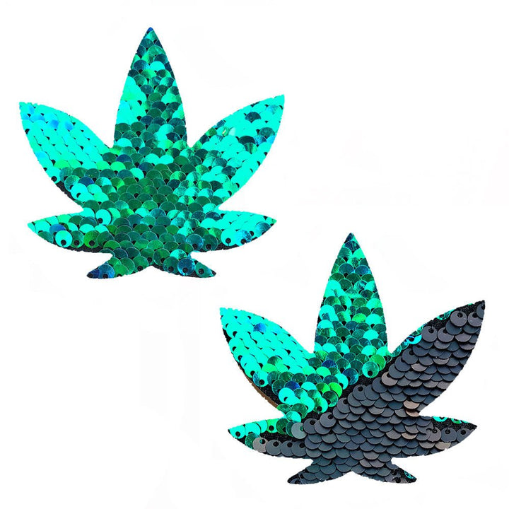 Ariel - Green to Black Flip Sequin Gold Dope Af Weed Leaf Pasties - US Stores