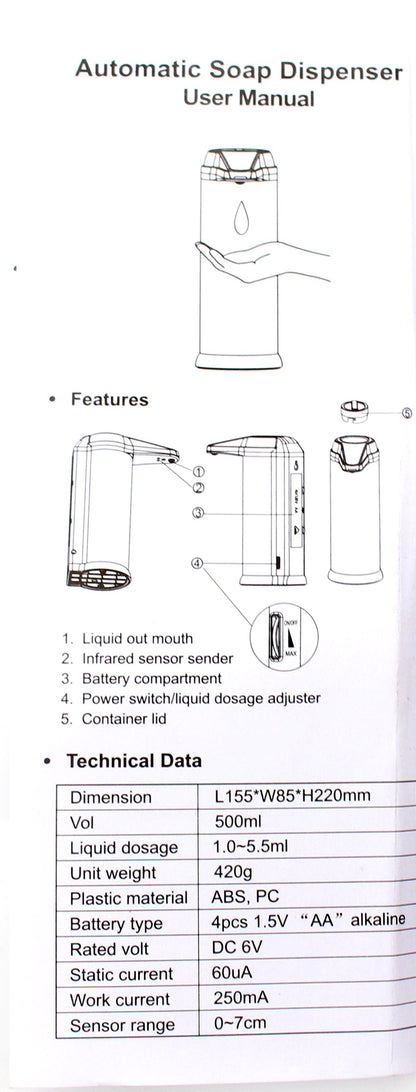  Automatic soap dispenser manual showing component diagrams and specifications, including 500 ml capacity and four AA batteries.
