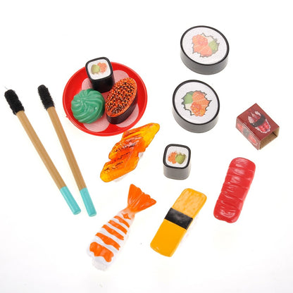 Child engaged in imaginative kitchen role-play with sushi bento toy set