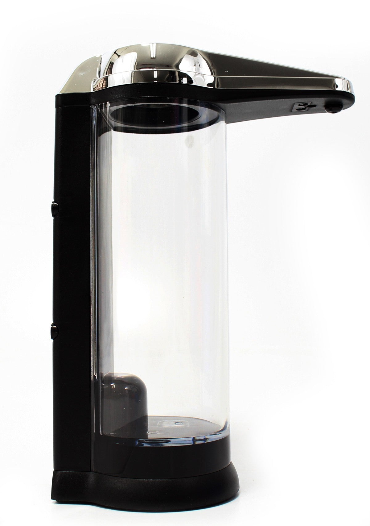 Chrome and black sensor soap dispenser with an empty transparent reservoir on a white background.