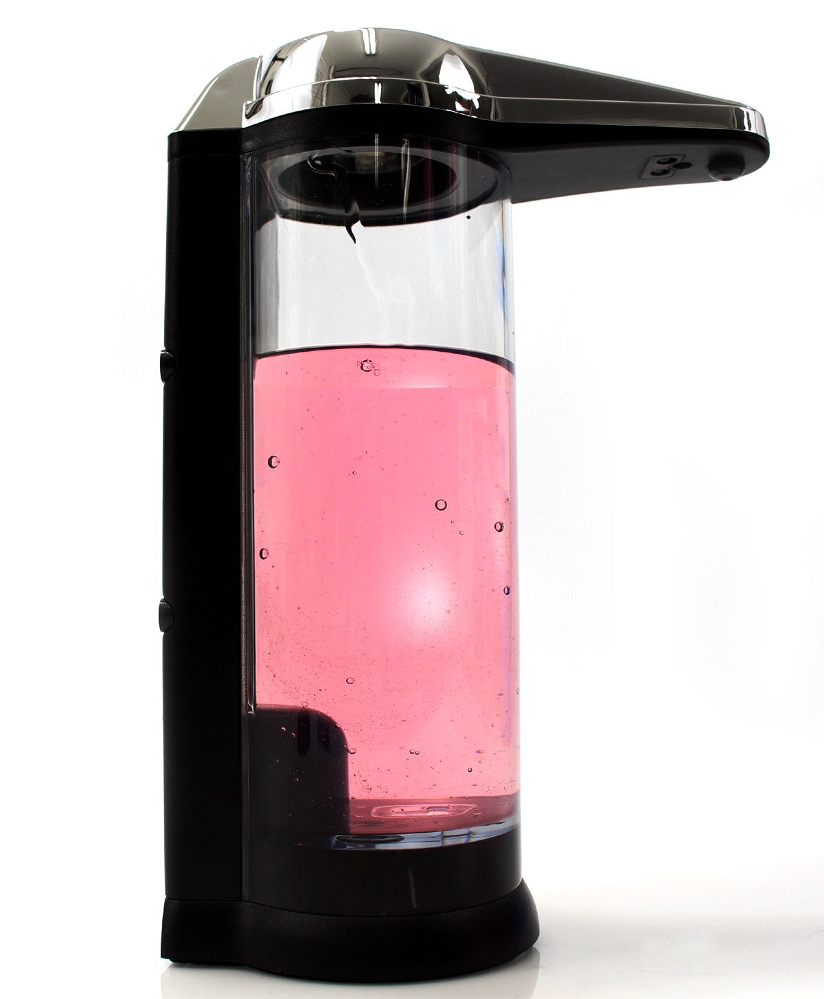 Chrome and black automatic soap dispenser with a clear reservoir containing pink liquid.