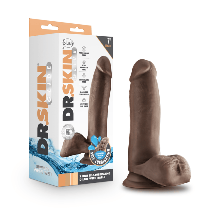 Dr. Skin Glide - 7 Inch Self Lubricating Dildo With Balls - Chocolate - US Stores