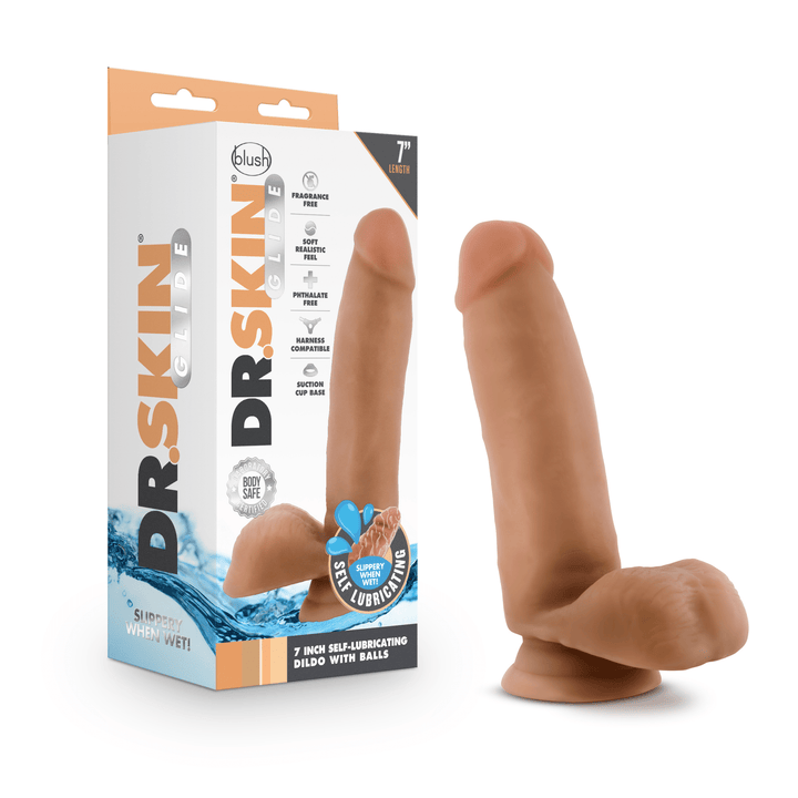 Dr. Skin Glide - 7 Inch Self Lubricating Dildo With Balls - Mocha - US Stores