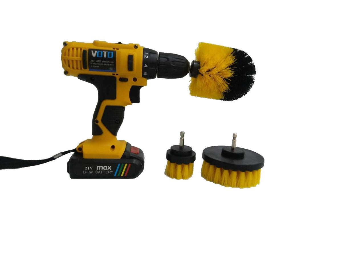 Rounded yellow and black cleaning brush mounted on a drill beside two round brush attachments. Drill not included.