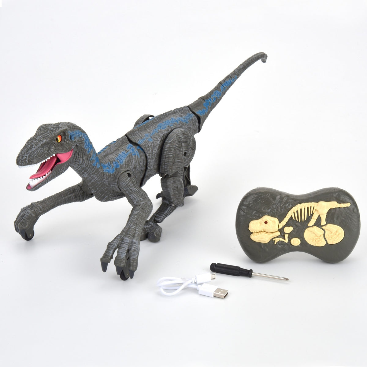 Remote-Control Velociraptor Dinosaur with LED Lights – Gray