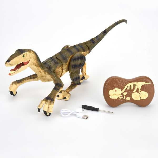 R/C Dino Velociraptor w/3D Eye ED Light, Roaring & Shaking Head/Tail Yellow