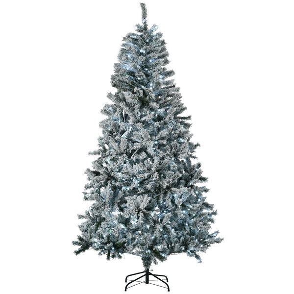 HOMCOM 75 Prelit Artificial Flocked Christmas Tree Snow Frosted Branches Cold White LED Lights Auto Open Green - US Stores
