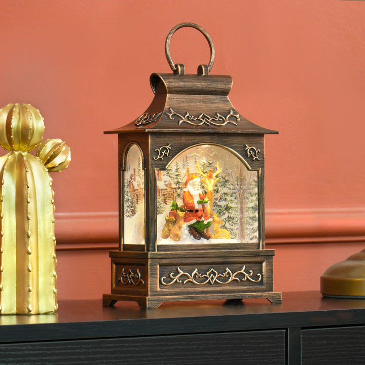 HOMCOM Christmas Musical Snow Globe Lantern Lighted Snow Globe with Swirling Glitter Battery Operated Xmas Decoration Bronze - US Stores