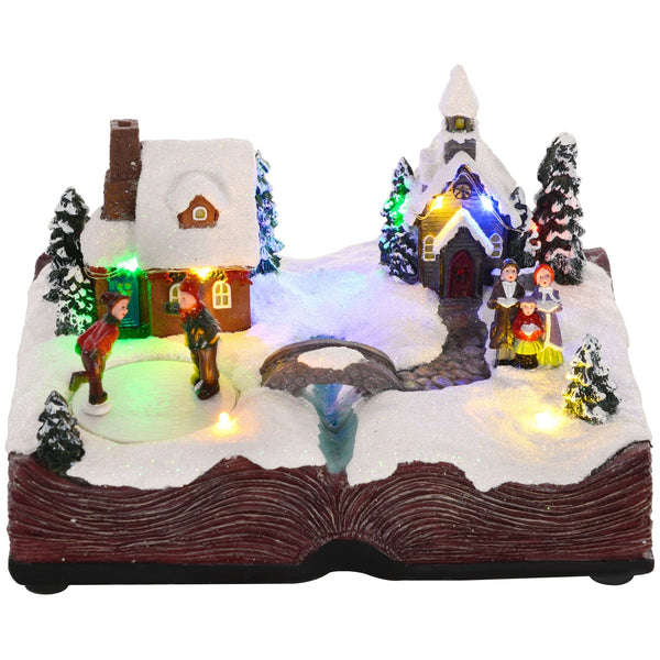 HOMCOM Christmas Village Houses, Battery Operated Santa's House Decoration with LED Lights, Music and Rotating Ice Skaters - US Stores