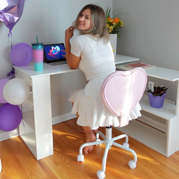 HOMCOM Love Shape Swivel Leisure Chair on Wheels Upholstery Home Office Computer Chair Linen Fabric Vanity Seat for Girls Women - US Stores