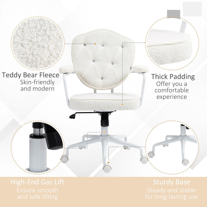 HOMCOM Makeup Vanity Chair, Tufted Cute Desk Chair w/ Wheels & Adjustable Height for Girls Women, Soft Task Chair, Cream White - US Stores