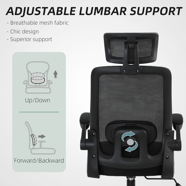 HOMCOM Mesh Office Chair, Ergonomic Desk Chair with Flip - up Armrest, Rotatable Headrest, Adjustable Lumbar Support, Black - US Stores