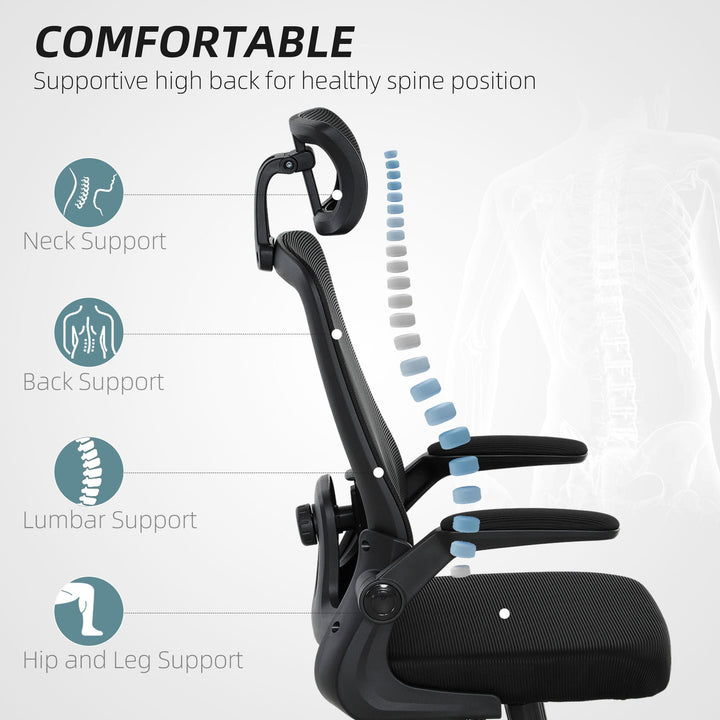 HOMCOM Mesh Office Chair, Ergonomic Desk Chair with Flip - up Armrest, Rotatable Headrest, Adjustable Lumbar Support, Black - US Stores
