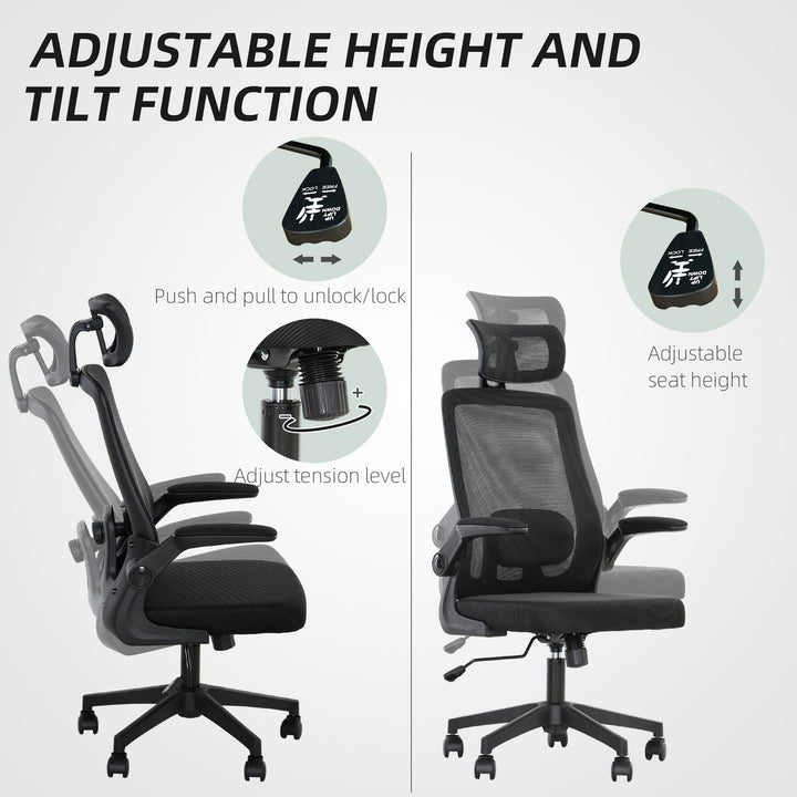 HOMCOM Mesh Office Chair, Ergonomic Desk Chair with Flip - up Armrest, Rotatable Headrest, Adjustable Lumbar Support, Black - US Stores