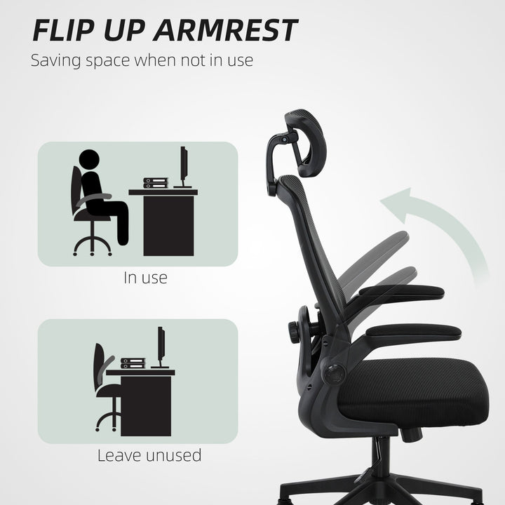 HOMCOM Mesh Office Chair, Ergonomic Desk Chair with Flip - up Armrest, Rotatable Headrest, Adjustable Lumbar Support, Black - US Stores