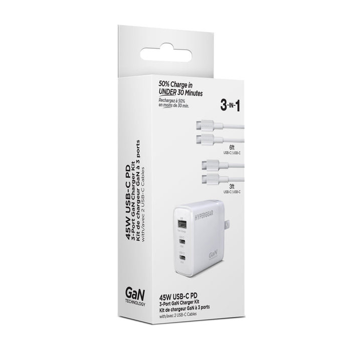 HyperGear Basics | 45W USB - C PD PPS Tri - Port GaN Fast Wall Charger | 3ft & 6ft USB - C Cables | White - US Stores