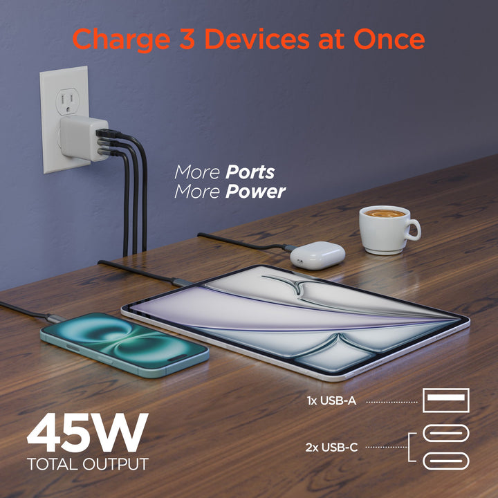 HyperGear Basics | 45W USB - C PD PPS Tri - Port GaN Fast Wall Charger | 3ft & 6ft USB - C Cables | White - US Stores