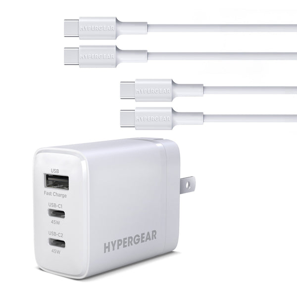HyperGear Basics | 45W USB - C PD PPS Tri - Port GaN Fast Wall Charger | 3ft & 6ft USB - C Cables | White - US Stores