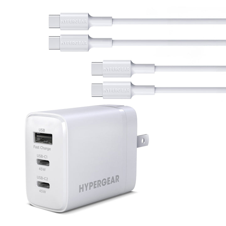 HyperGear Basics | 45W USB - C PD PPS Tri - Port GaN Fast Wall Charger | 3ft & 6ft USB - C Cables | White - US Stores