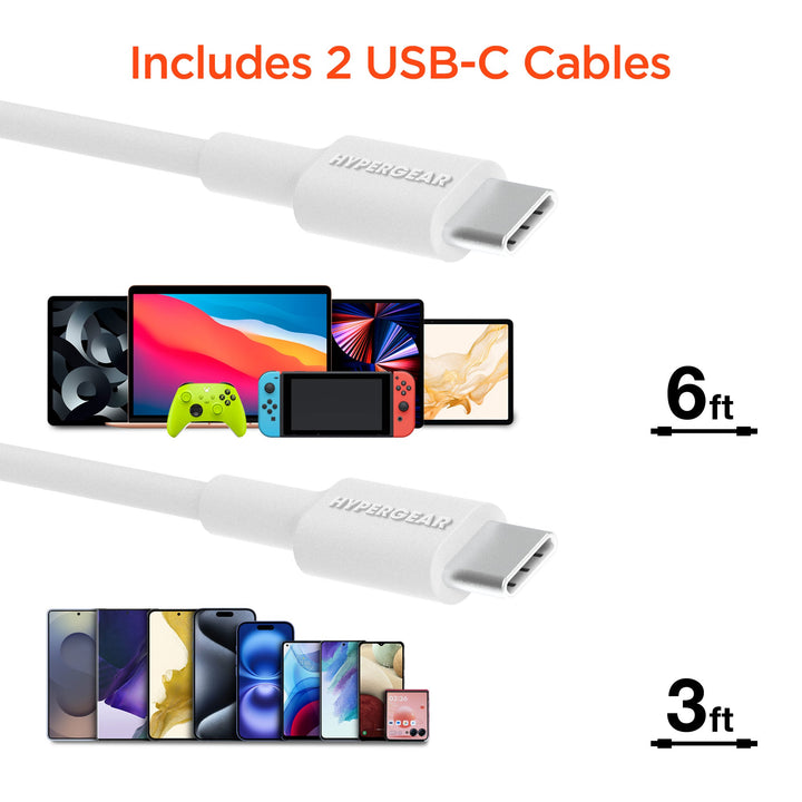 HyperGear Basics | 45W USB - C PD PPS Tri - Port GaN Fast Wall Charger | 3ft & 6ft USB - C Cables | White - US Stores